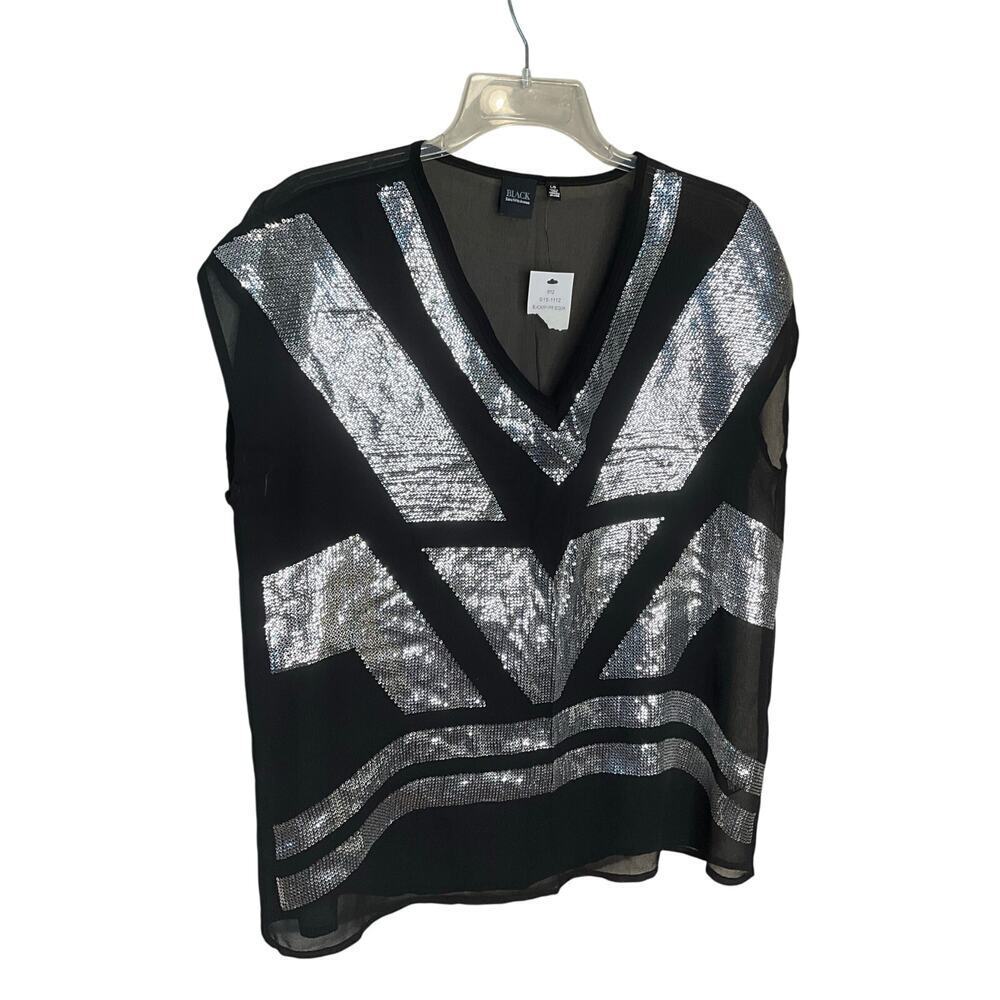Black Saks Fifth Avenue Sheer Sequin Blouse V-Neck‎ Black Silver Size L NWT
